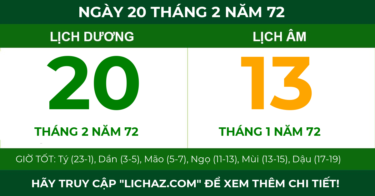 lịch âm ngày 20 tháng 2 năm 72