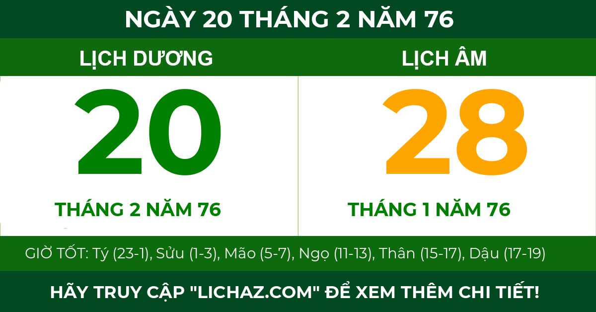 lịch âm ngày 20 tháng 2 năm 76
