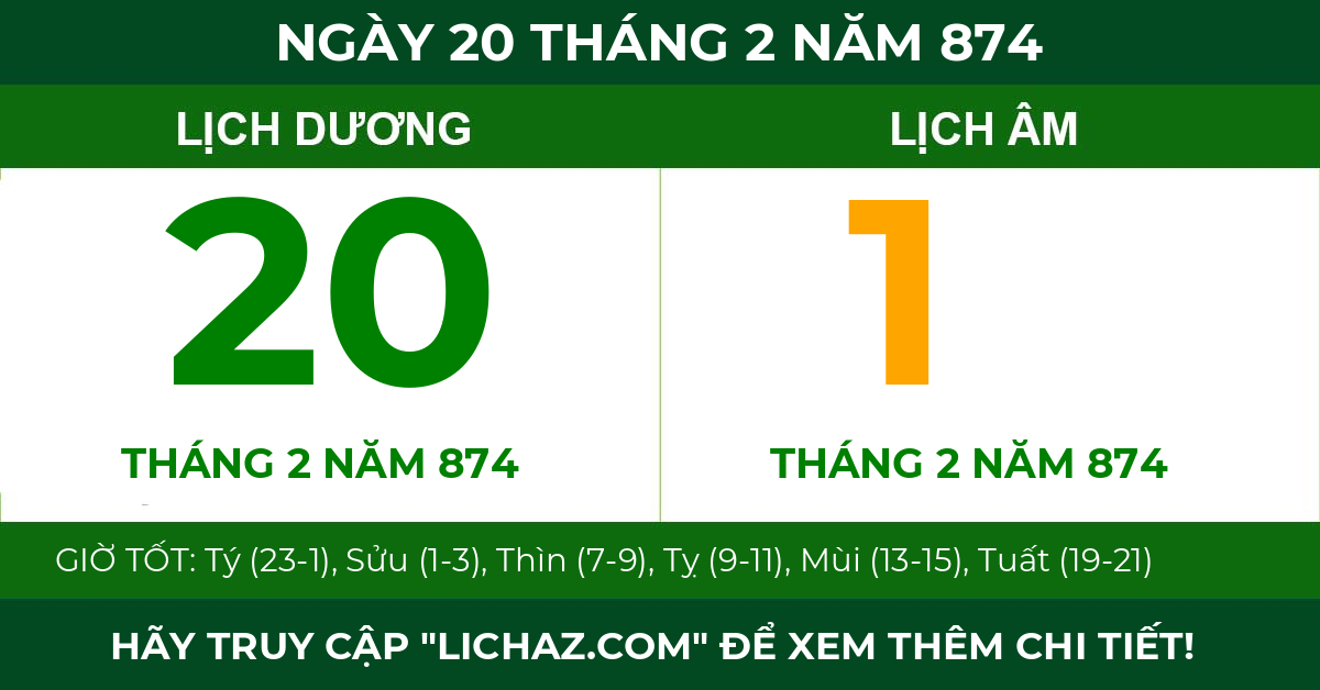 lịch âm ngày 20 tháng 2 năm 874