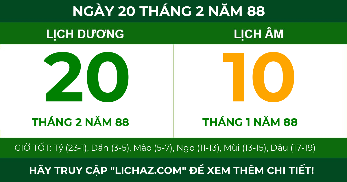 lịch âm ngày 20 tháng 2 năm 88