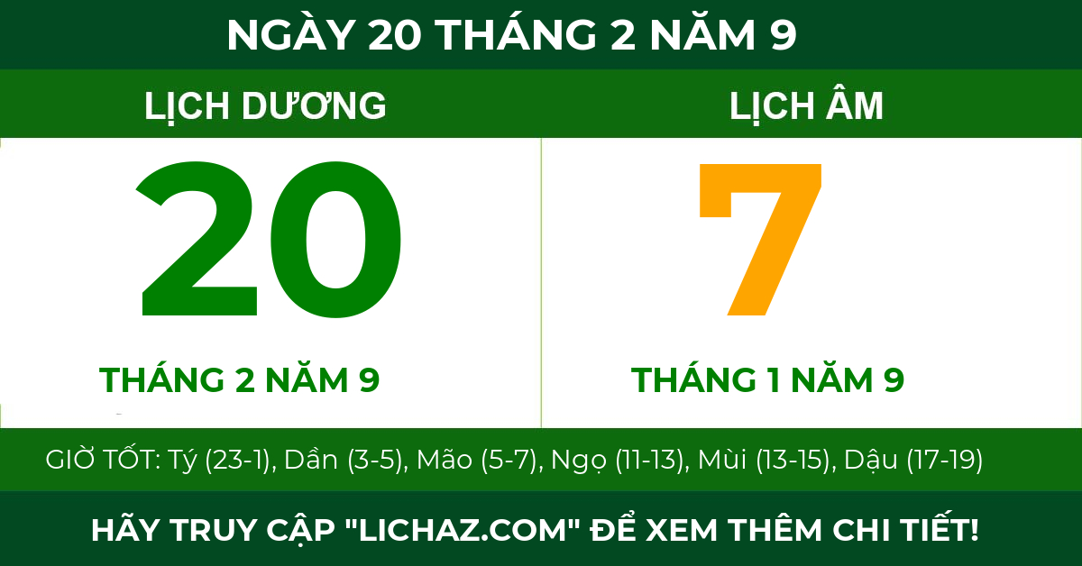 lịch âm ngày 20 tháng 2 năm 9