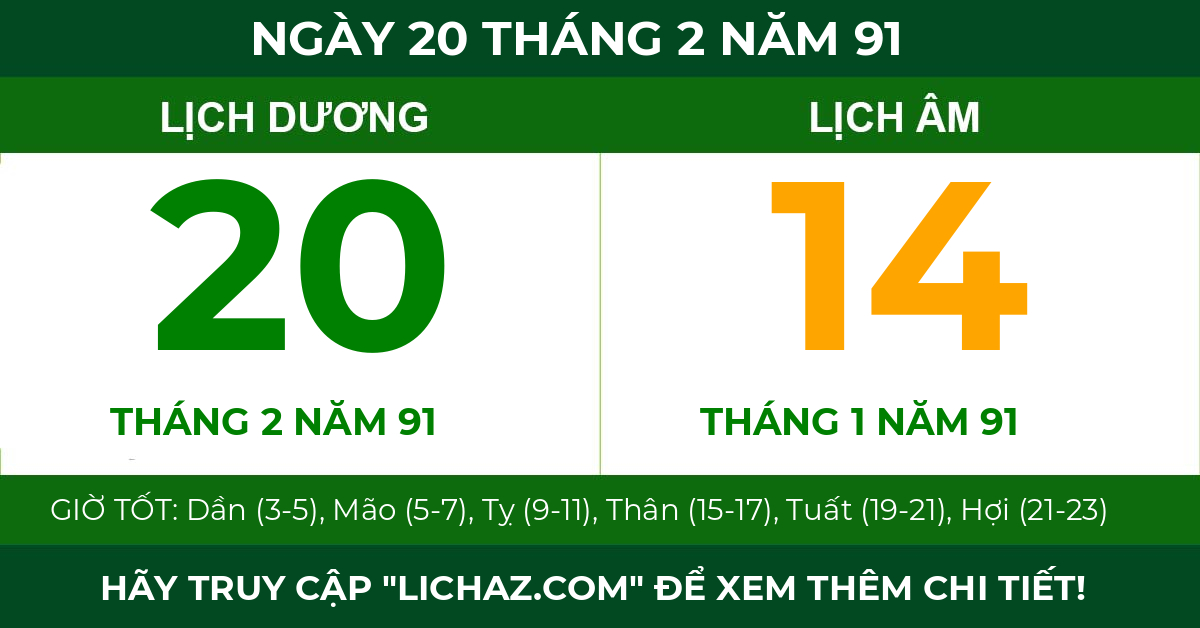lịch âm ngày 20 tháng 2 năm 91