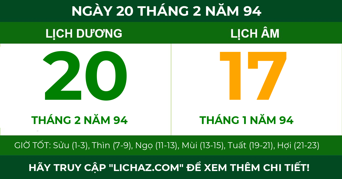 lịch âm ngày 20 tháng 2 năm 94