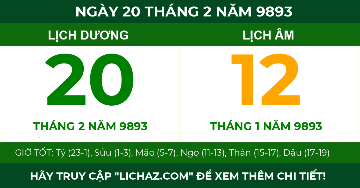 lịch âm ngày 20 tháng 2 năm 9893