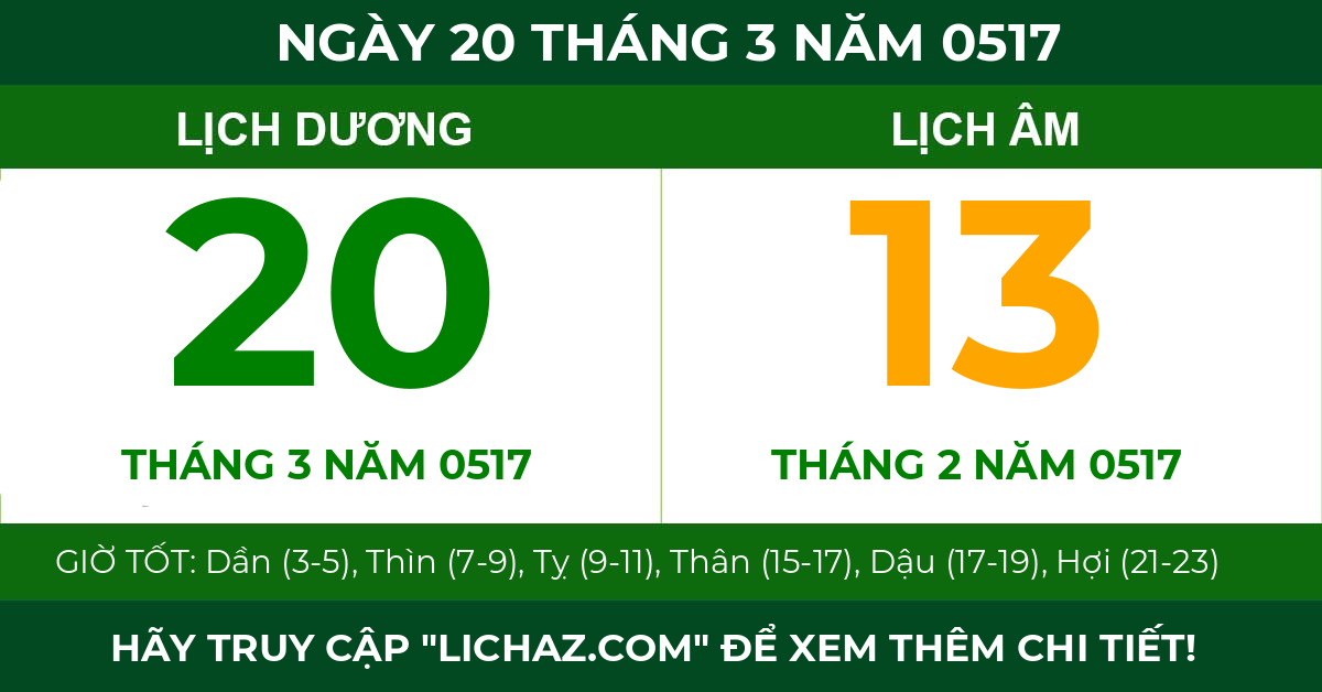 lịch âm ngày 20 tháng 3 năm 0517