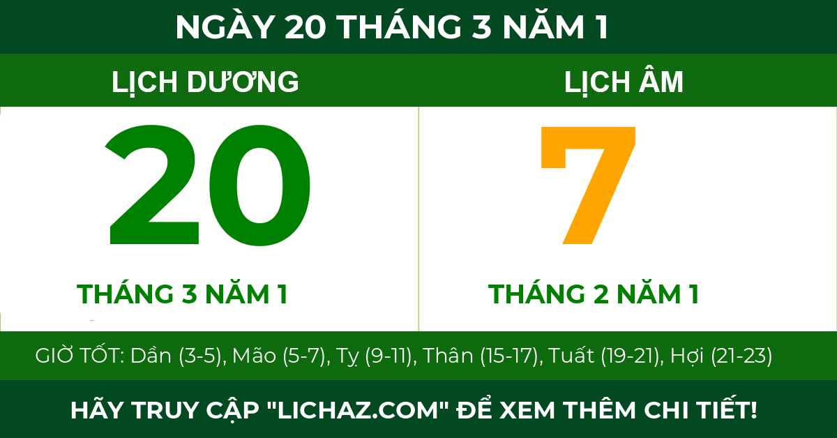 lịch âm ngày 20 tháng 3 năm 1