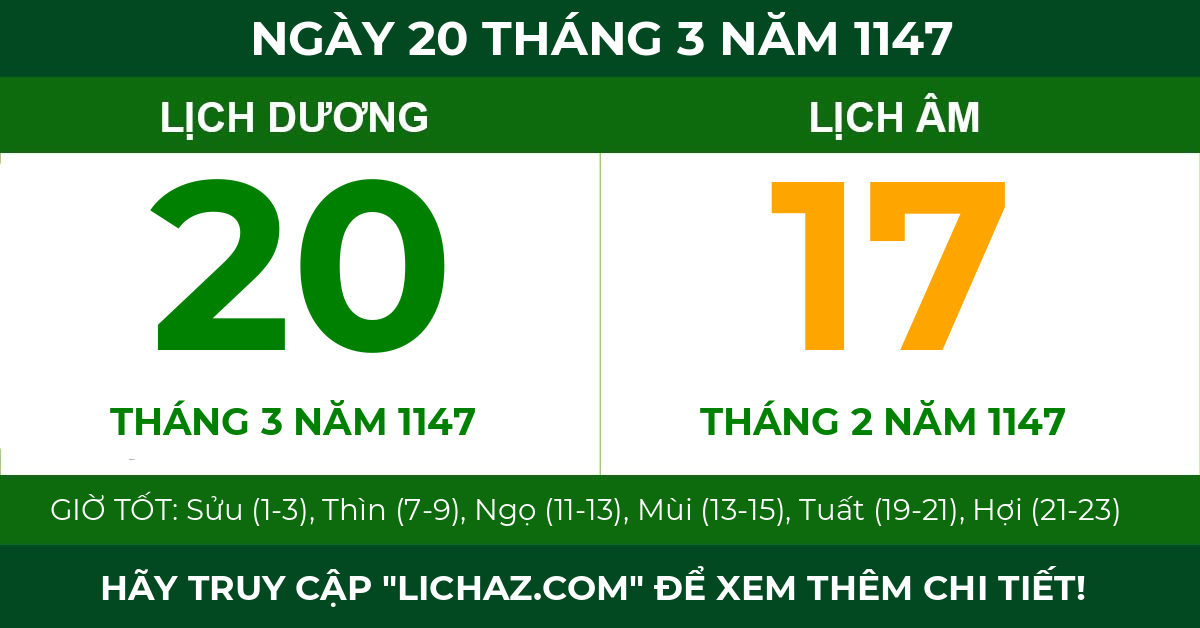 lịch âm ngày 20 tháng 3 năm 1147