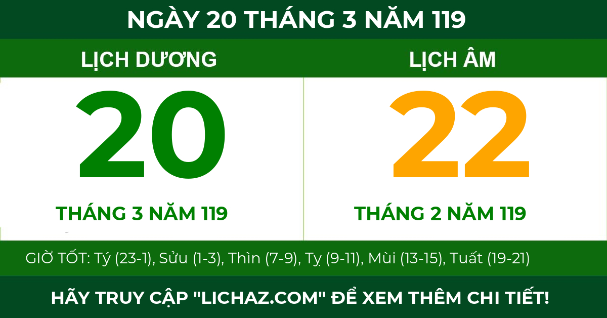 lịch âm ngày 20 tháng 3 năm 119