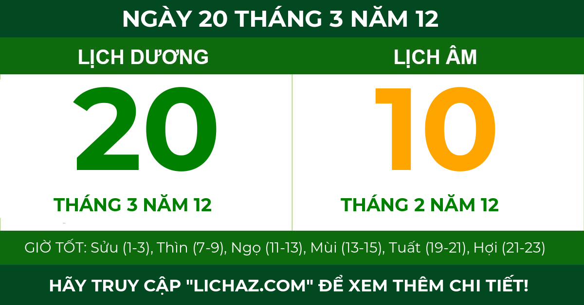 lịch âm ngày 20 tháng 3 năm 12