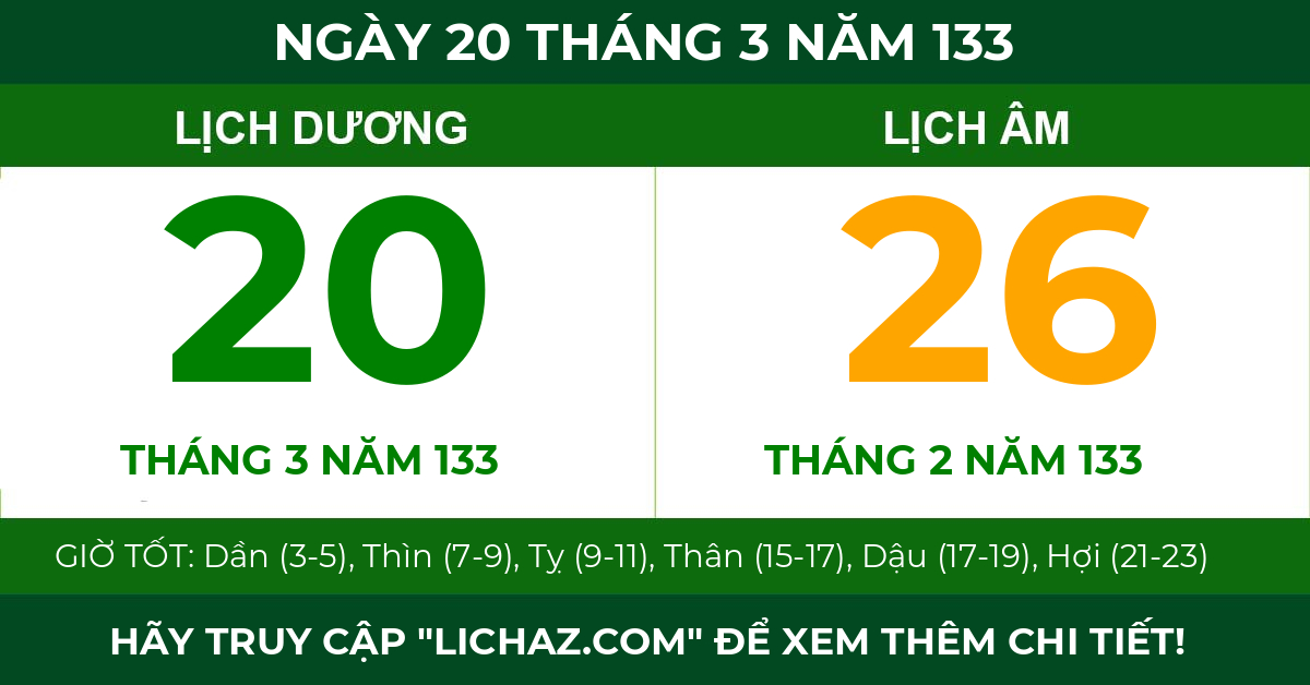 lịch âm ngày 20 tháng 3 năm 133