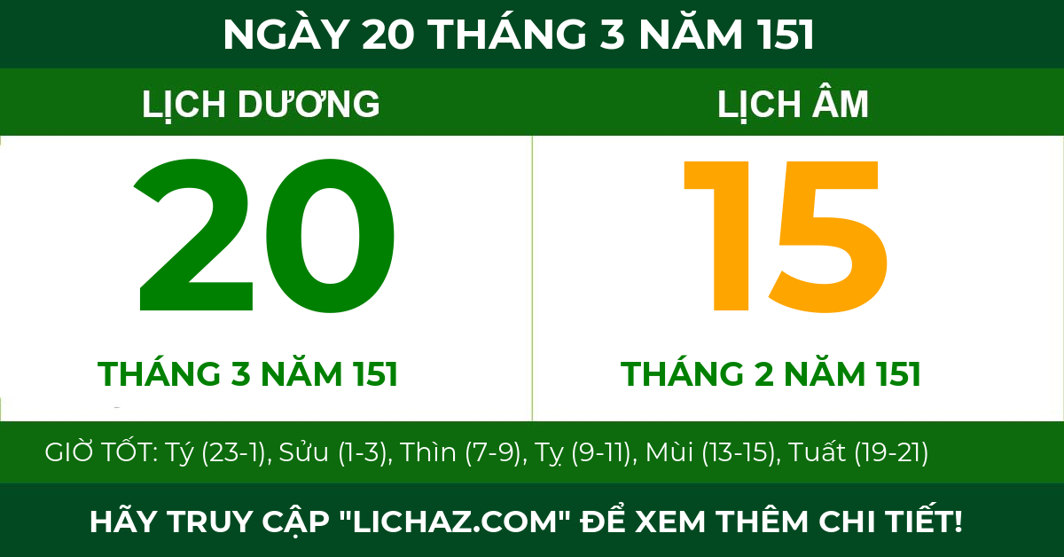 lịch âm ngày 20 tháng 3 năm 151