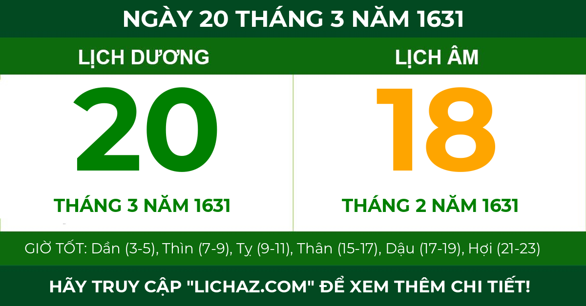 lịch âm ngày 20 tháng 3 năm 1631