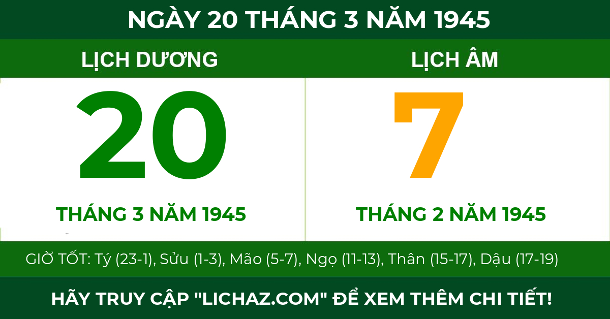 lịch âm ngày 20 tháng 3 năm 1945