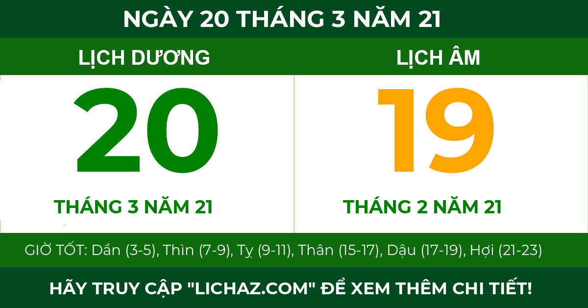 lịch âm ngày 20 tháng 3 năm 21