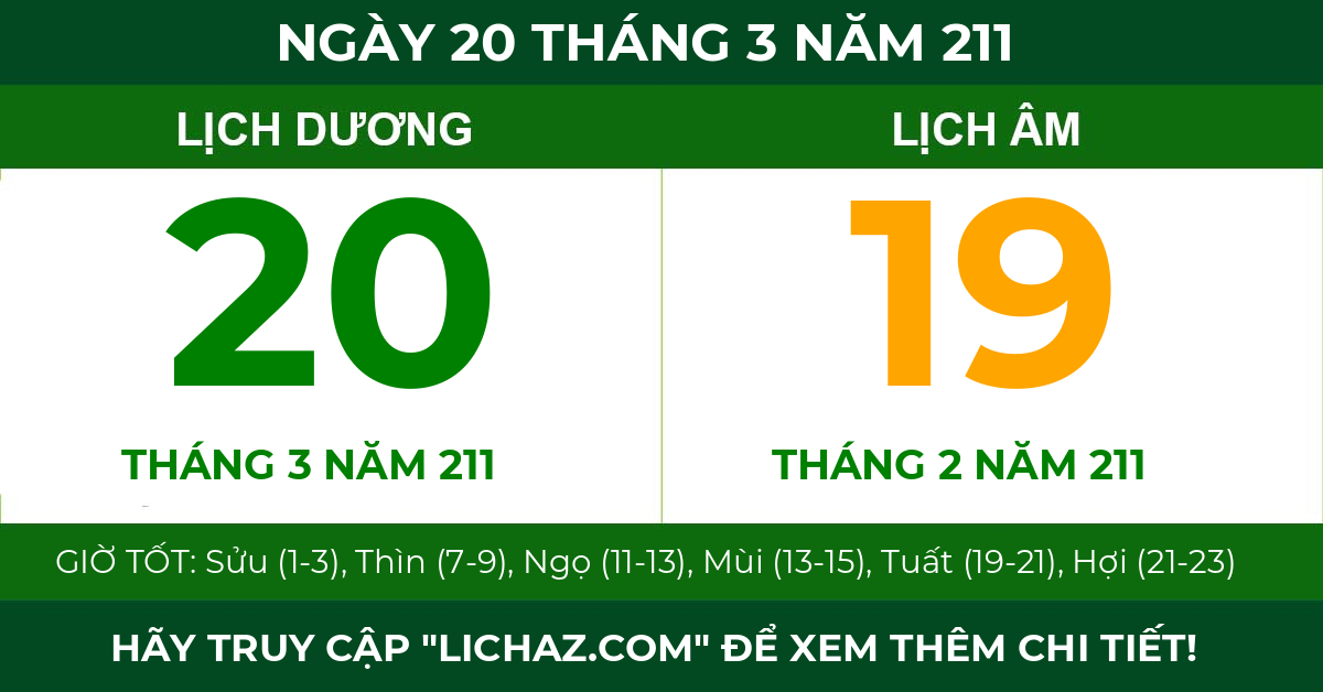 lịch âm ngày 20 tháng 3 năm 211
