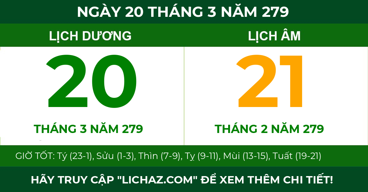 lịch âm ngày 20 tháng 3 năm 279