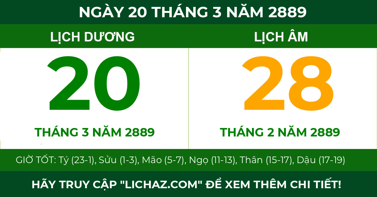lịch âm ngày 20 tháng 3 năm 2889