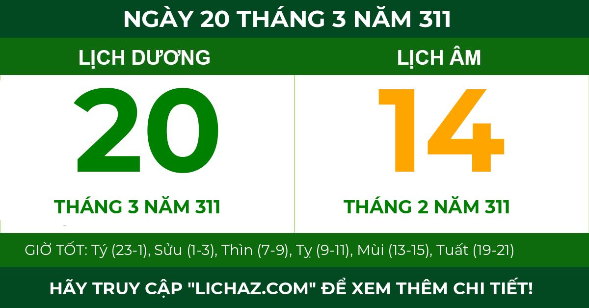 lịch âm ngày 20 tháng 3 năm 311
