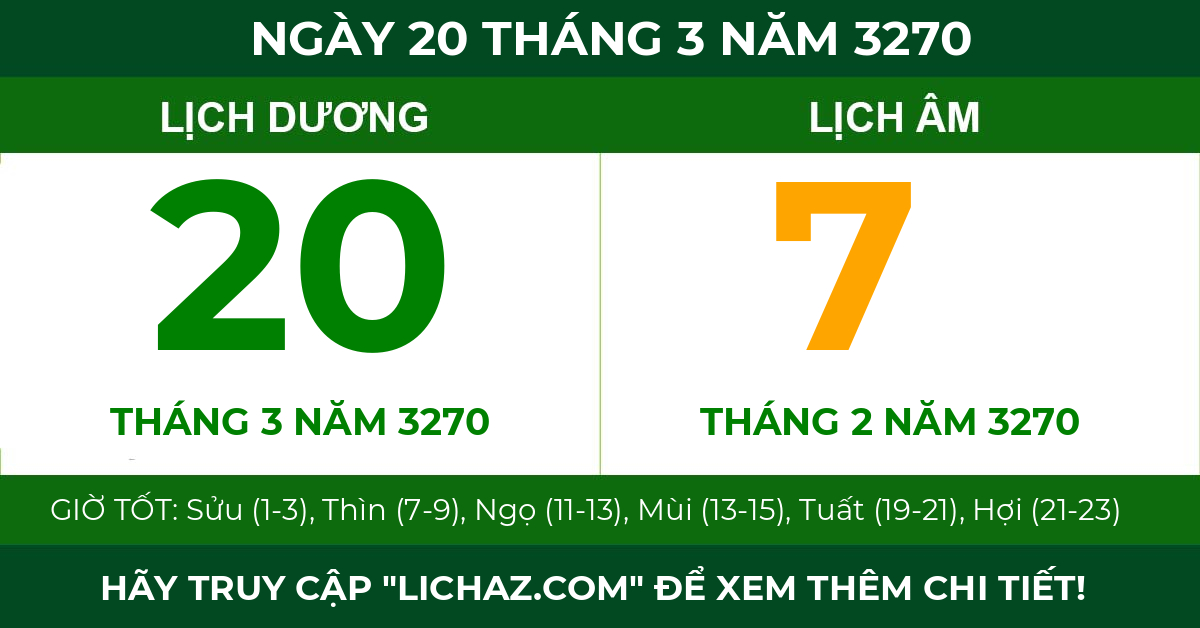 lịch âm ngày 20 tháng 3 năm 3270