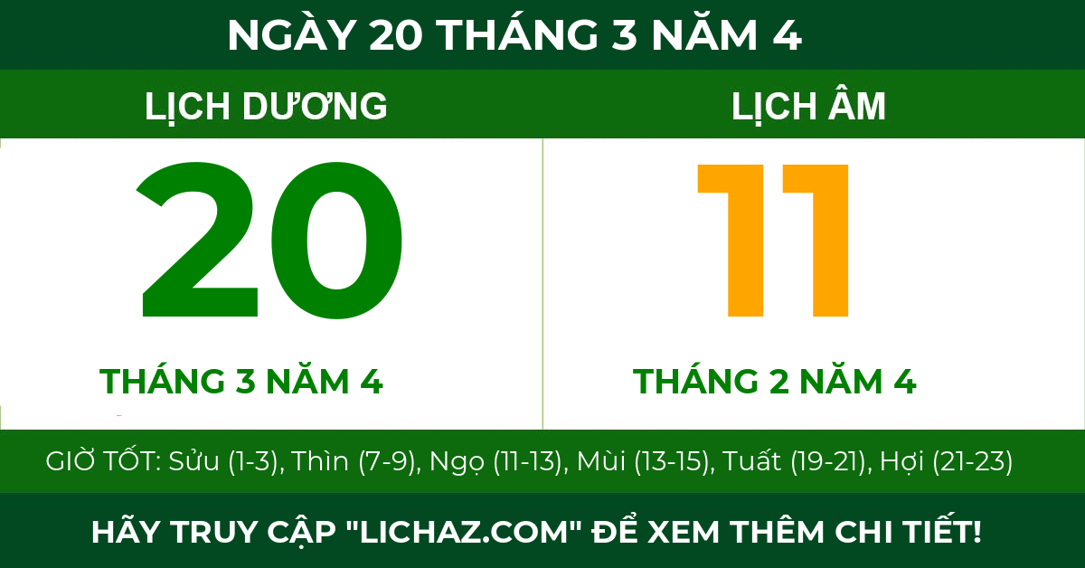 lịch âm ngày 20 tháng 3 năm 4