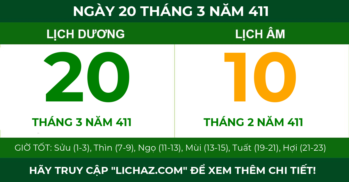 lịch âm ngày 20 tháng 3 năm 411