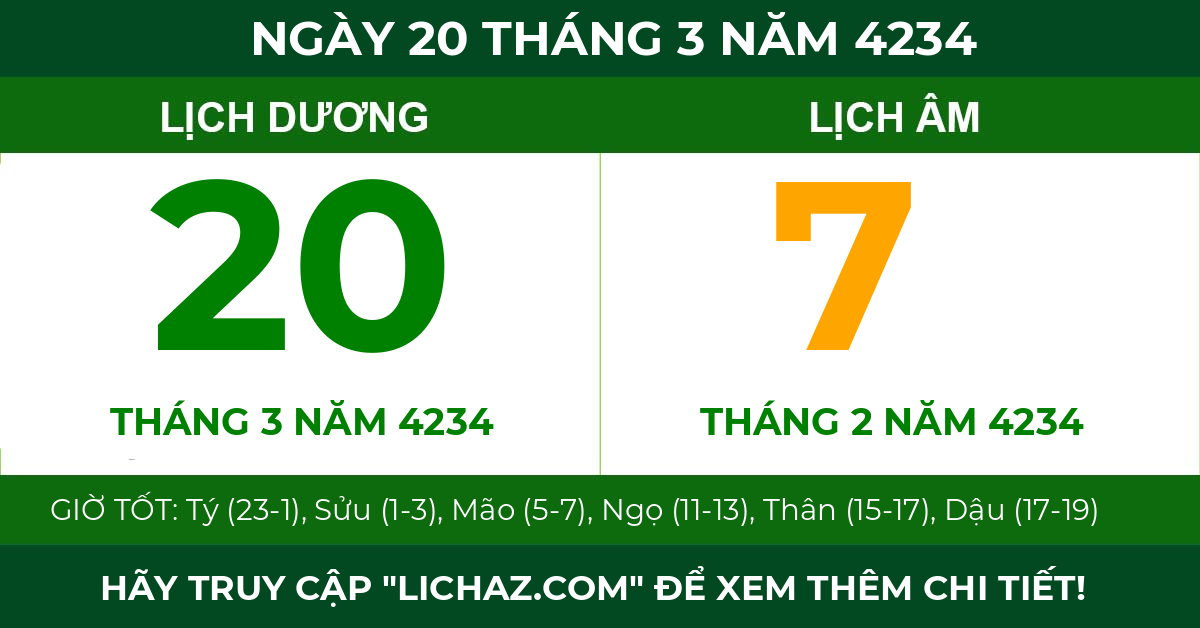 lịch âm ngày 20 tháng 3 năm 4234