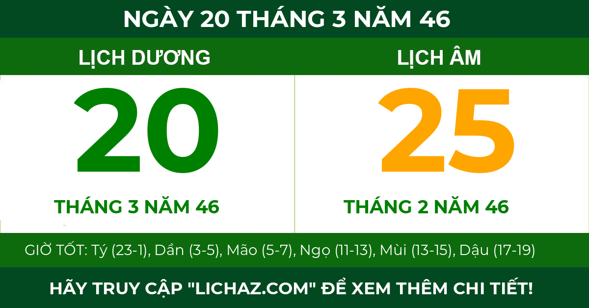 lịch âm ngày 20 tháng 3 năm 46