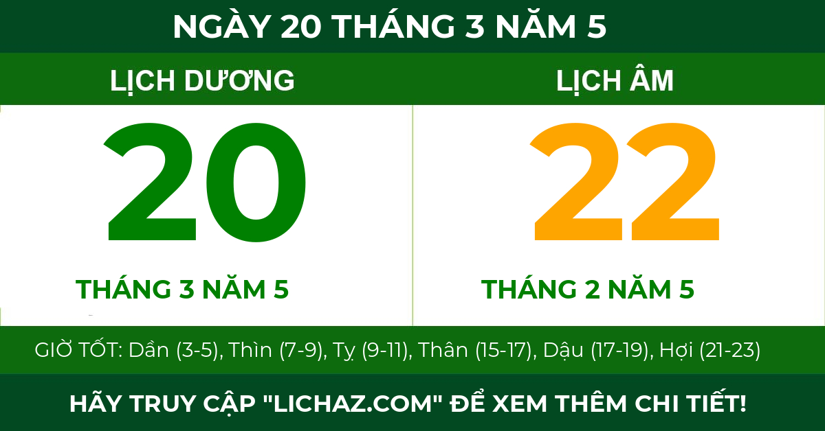 lịch âm ngày 20 tháng 3 năm 5