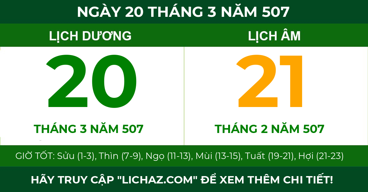 lịch âm ngày 20 tháng 3 năm 507