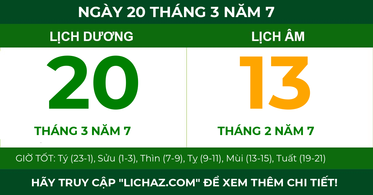 lịch âm ngày 20 tháng 3 năm 7
