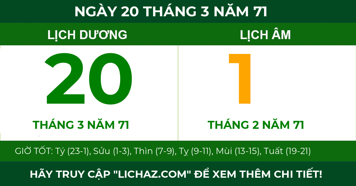 lịch âm ngày 20 tháng 3 năm 71