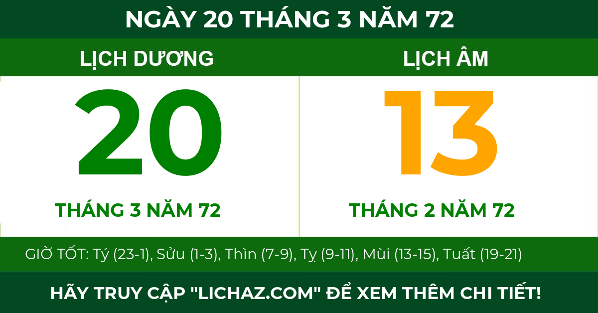 lịch âm ngày 20 tháng 3 năm 72