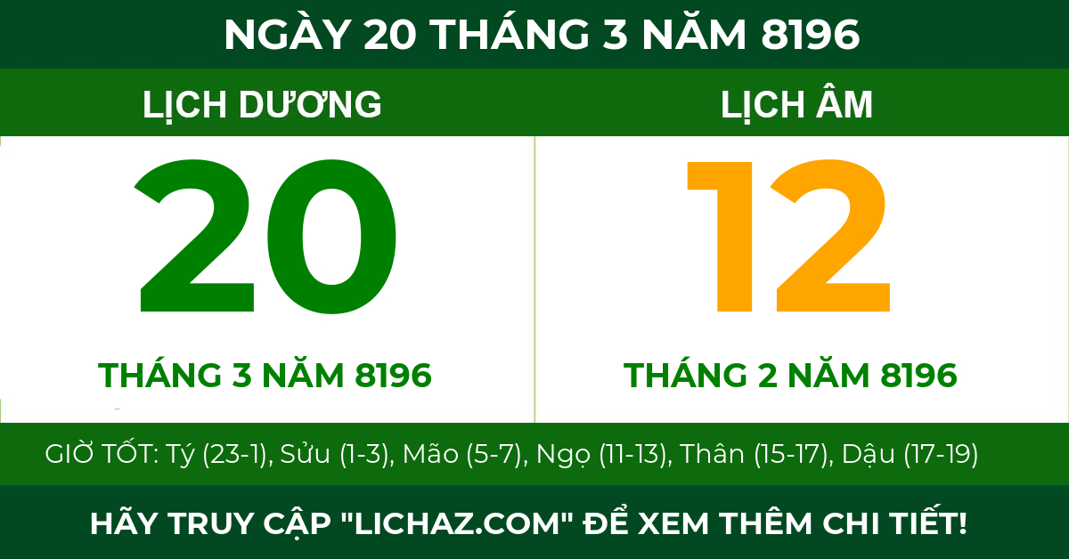 lịch âm ngày 20 tháng 3 năm 8196