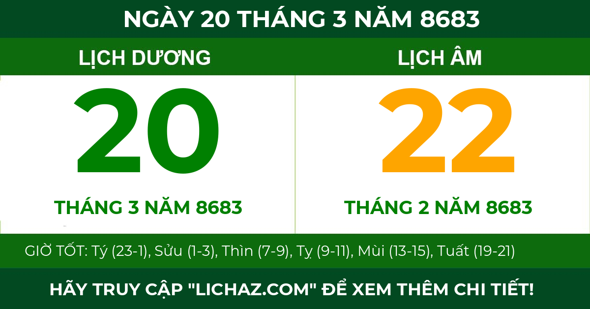 lịch âm ngày 20 tháng 3 năm 8683