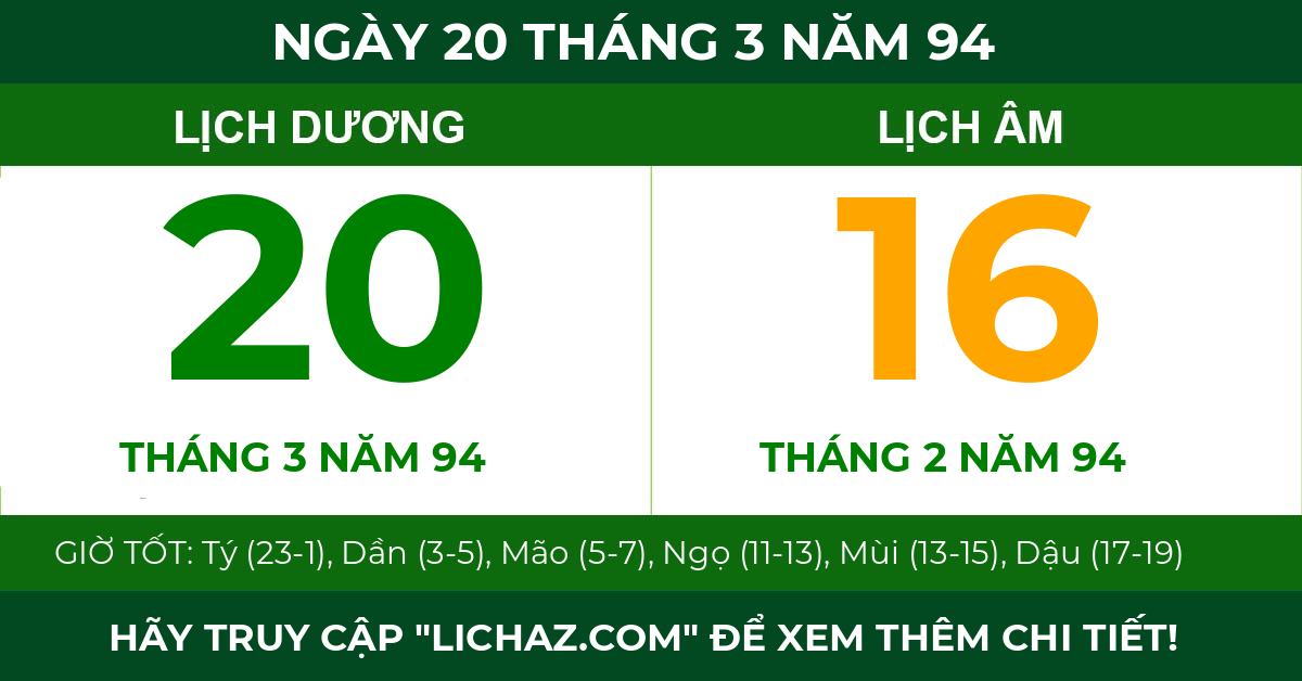 lịch âm ngày 20 tháng 3 năm 94