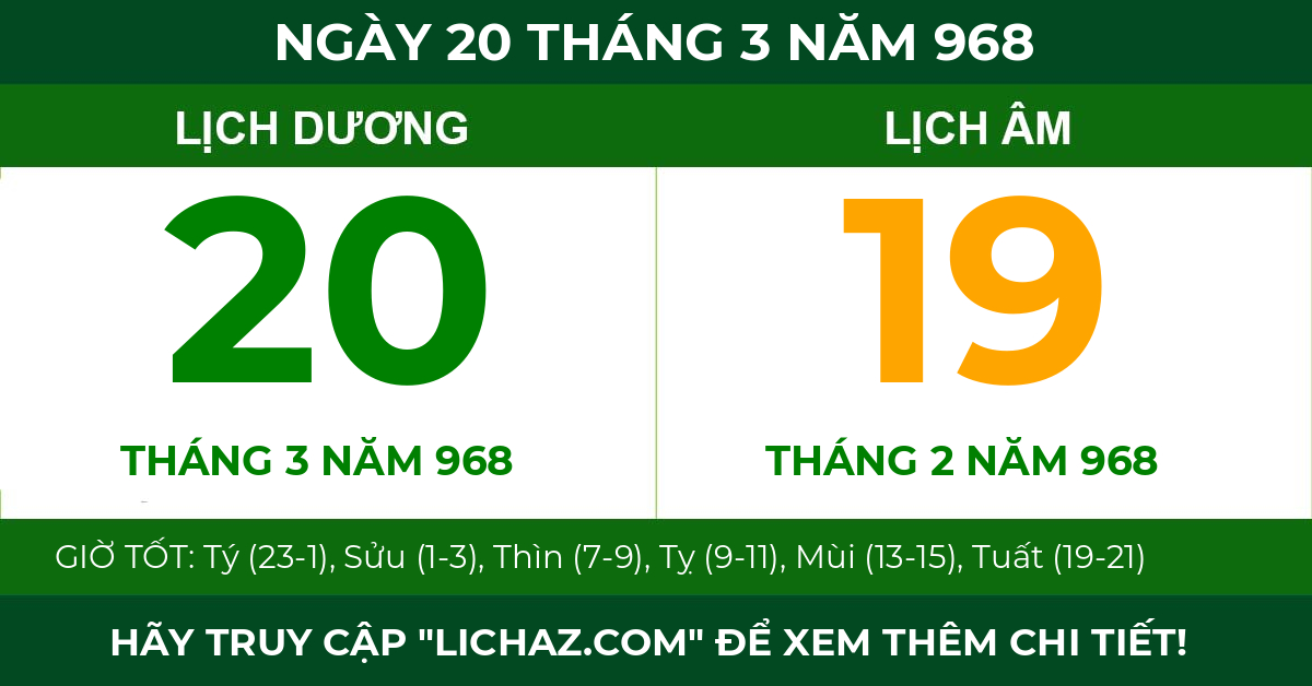 lịch âm ngày 20 tháng 3 năm 968