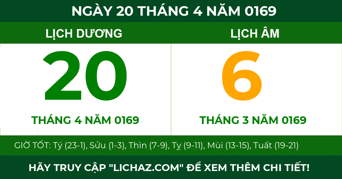 lịch âm ngày 20 tháng 4 năm 0169