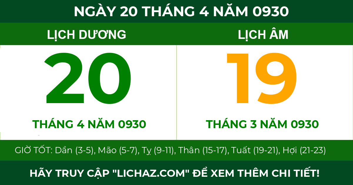lịch âm ngày 20 tháng 4 năm 0930