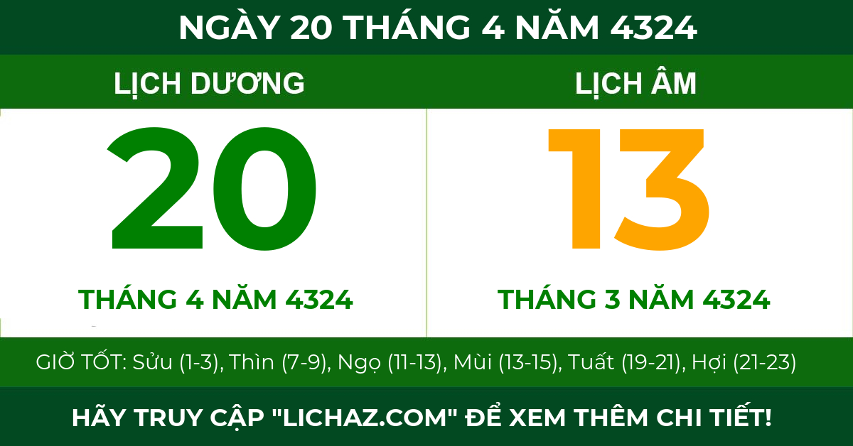 lịch âm ngày 20 tháng 4 năm 4324