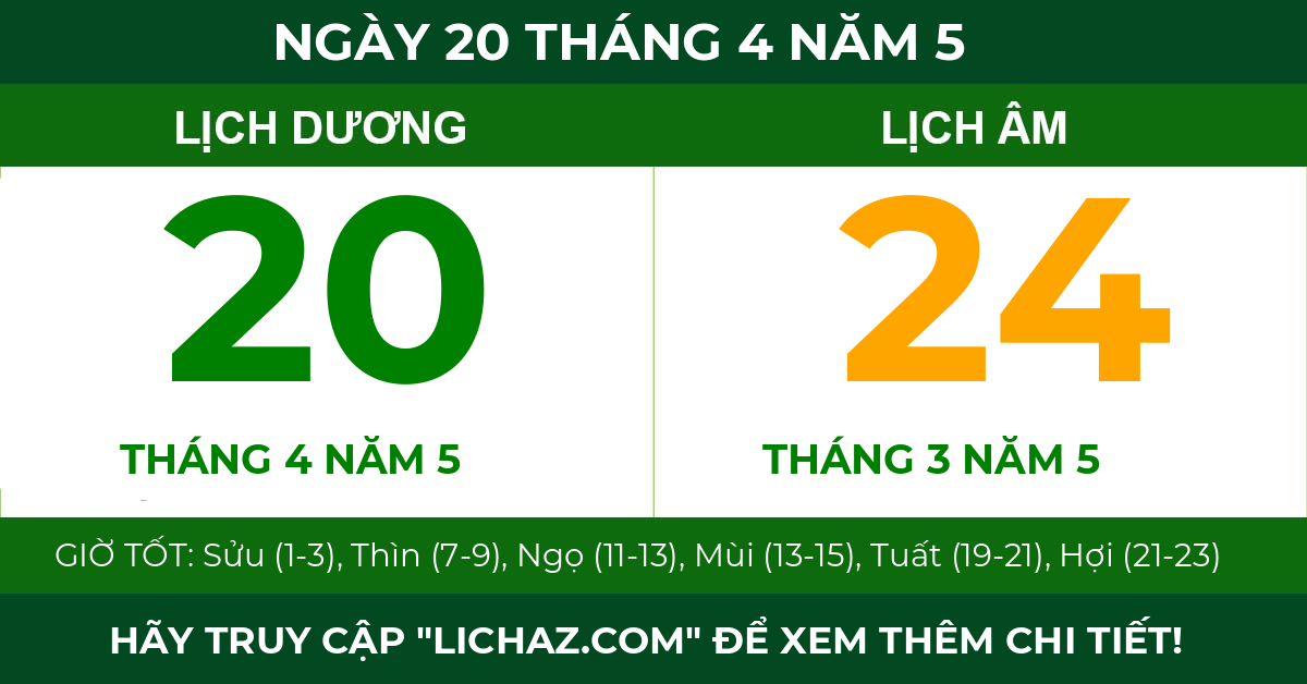 lịch âm ngày 20 tháng 4 năm 5