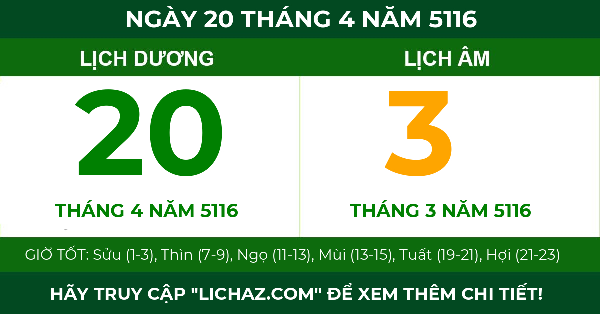 lịch âm ngày 20 tháng 4 năm 5116