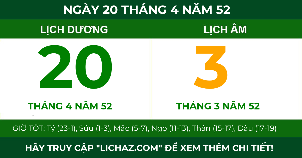 lịch âm ngày 20 tháng 4 năm 52