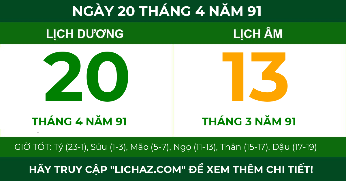 lịch âm ngày 20 tháng 4 năm 91