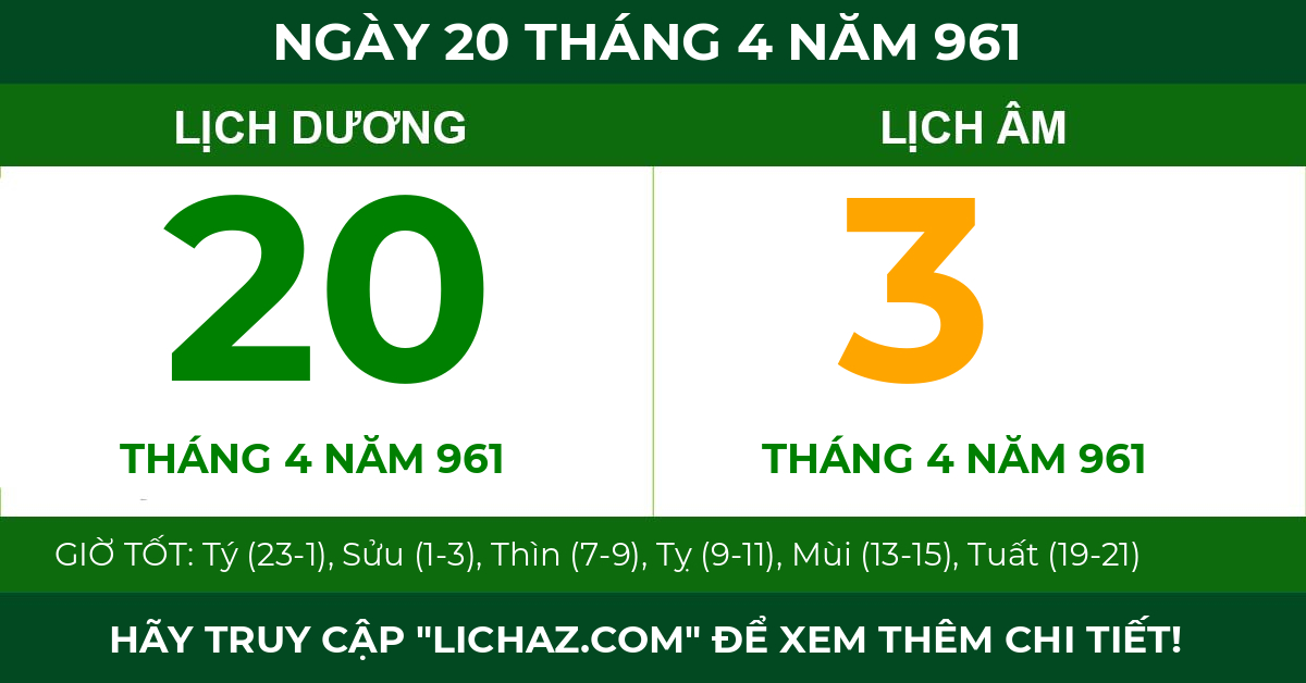 lịch âm ngày 20 tháng 4 năm 961