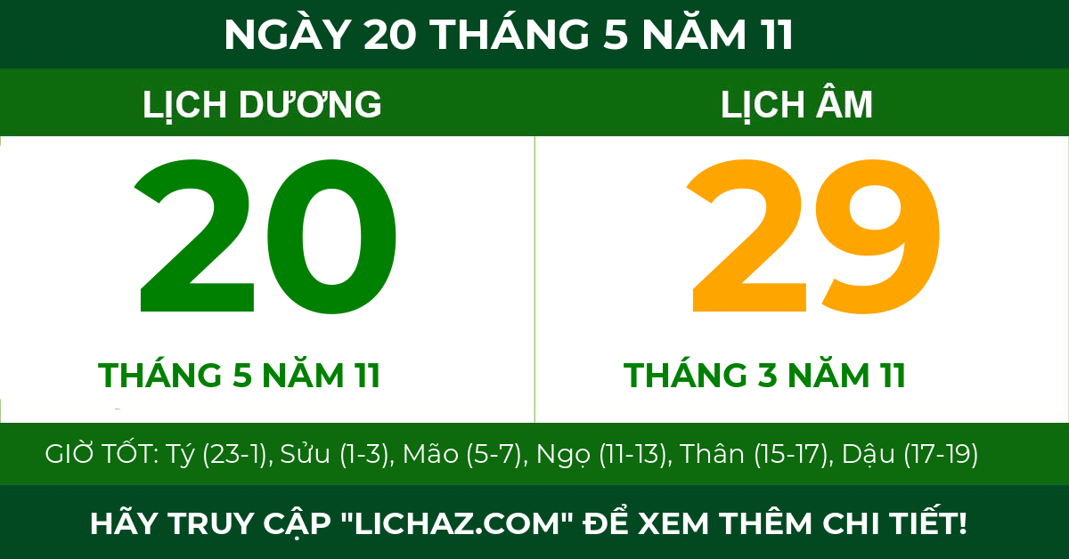 lịch âm ngày 20 tháng 5 năm 11