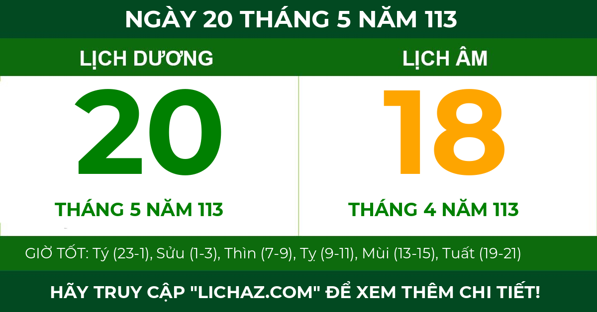 lịch âm ngày 20 tháng 5 năm 113