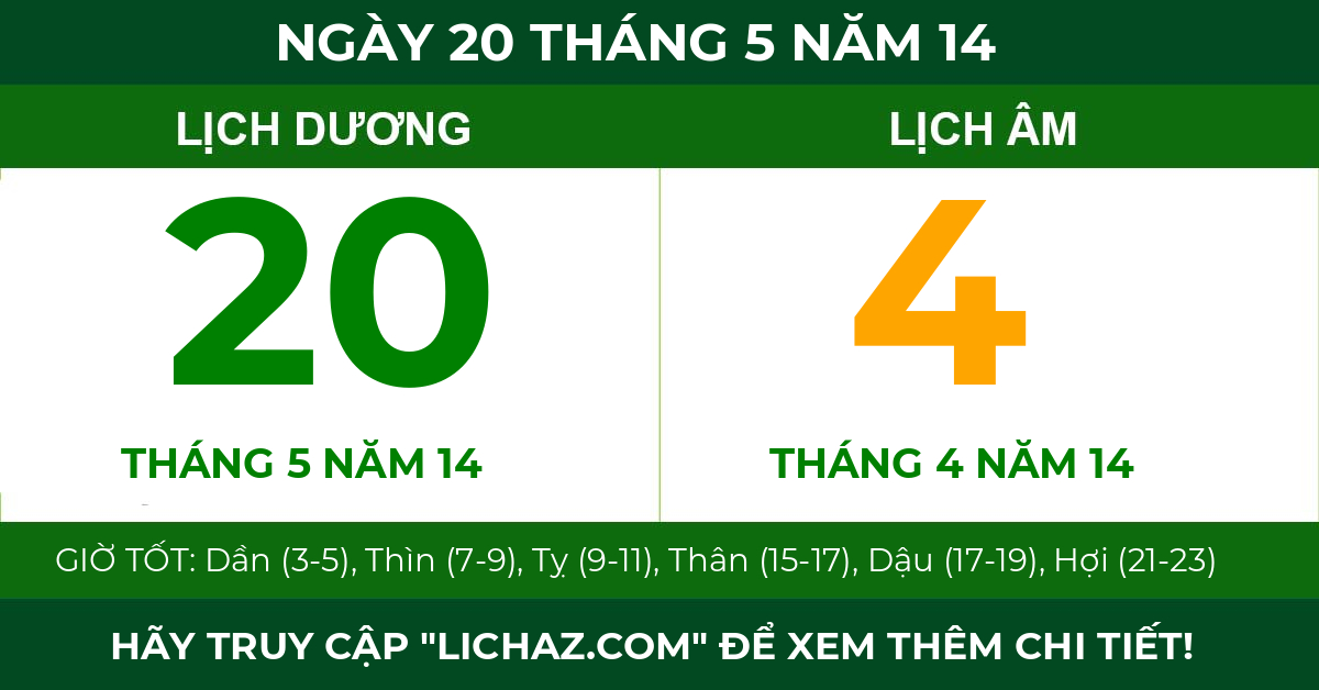 lịch âm ngày 20 tháng 5 năm 14