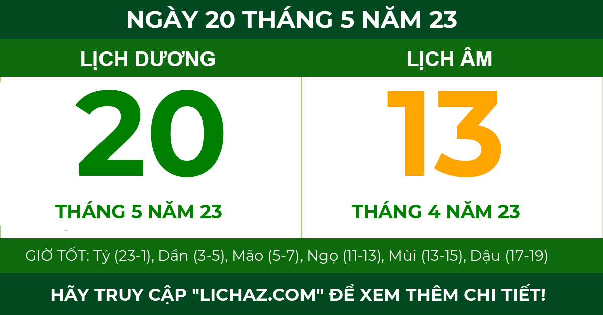 lịch âm ngày 20 tháng 5 năm 23
