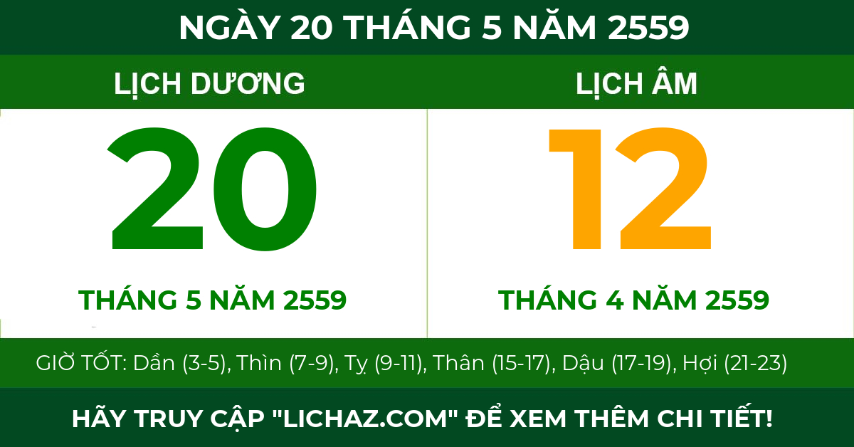 lịch âm ngày 20 tháng 5 năm 2559
