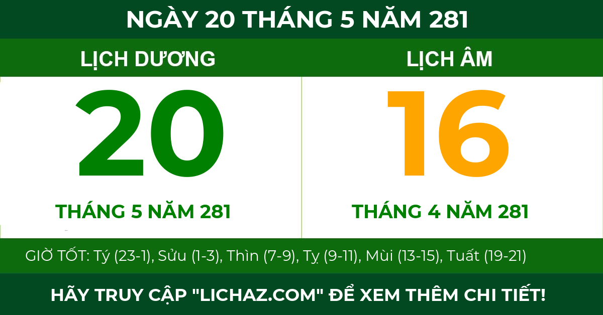 lịch âm ngày 20 tháng 5 năm 281